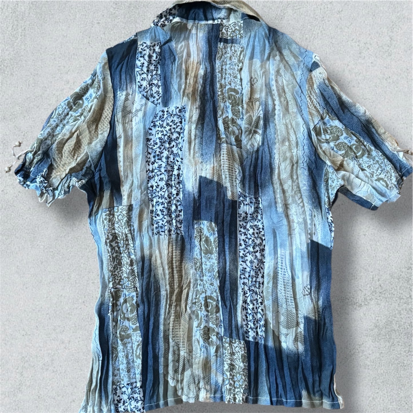Bohemian Blue Patchwork Lace-Up Shirt