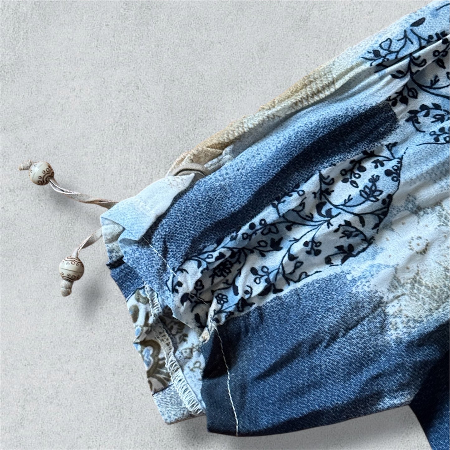 Bohemian Blue Patchwork Lace-Up Shirt