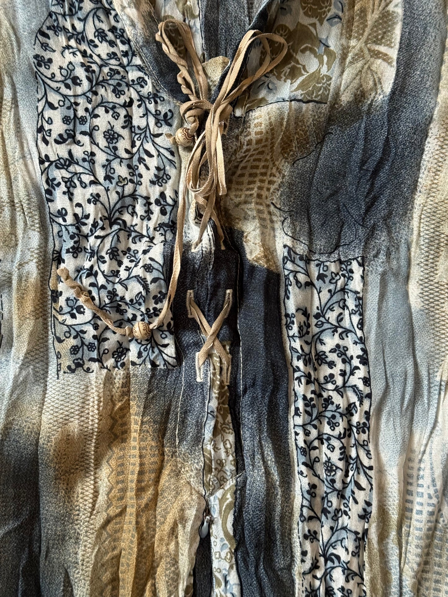 Bohemian Blue Patchwork Lace-Up Shirt