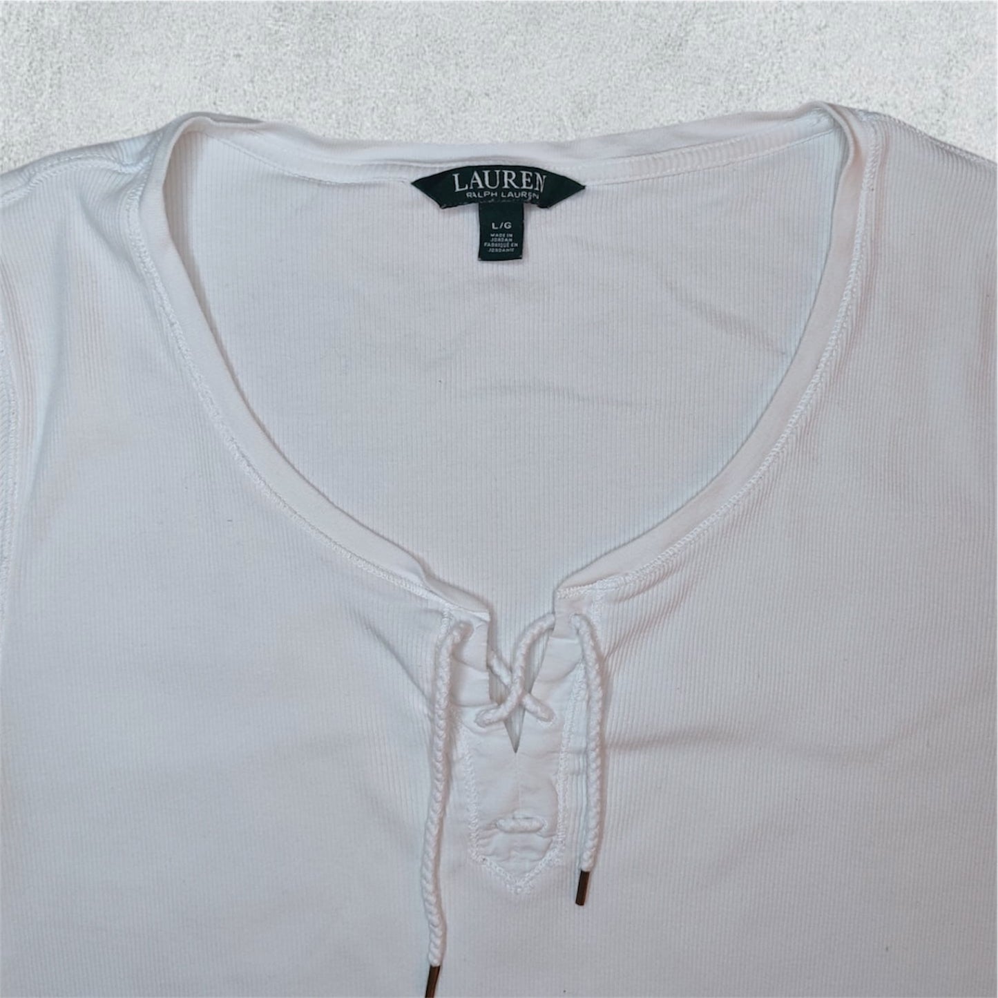 Ralph Lauren White Ribbed Lace Up Short Sleeve Top (L) - NABE vintage