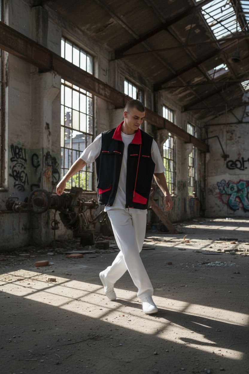 Sleeveless Black Jacket with Red Collar