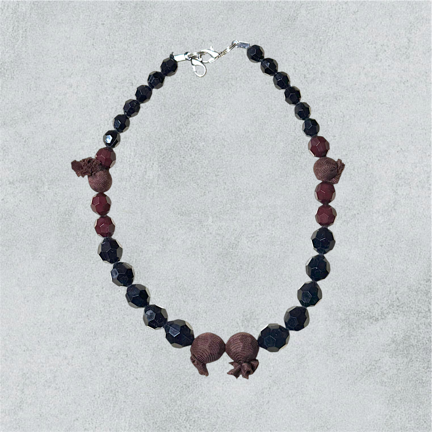 Brown Fabric Necklace with Faceted Black Beads