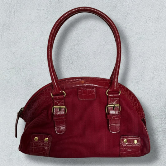 Vintage burgundy bag in ribbed fabric and crocodile-effect leather