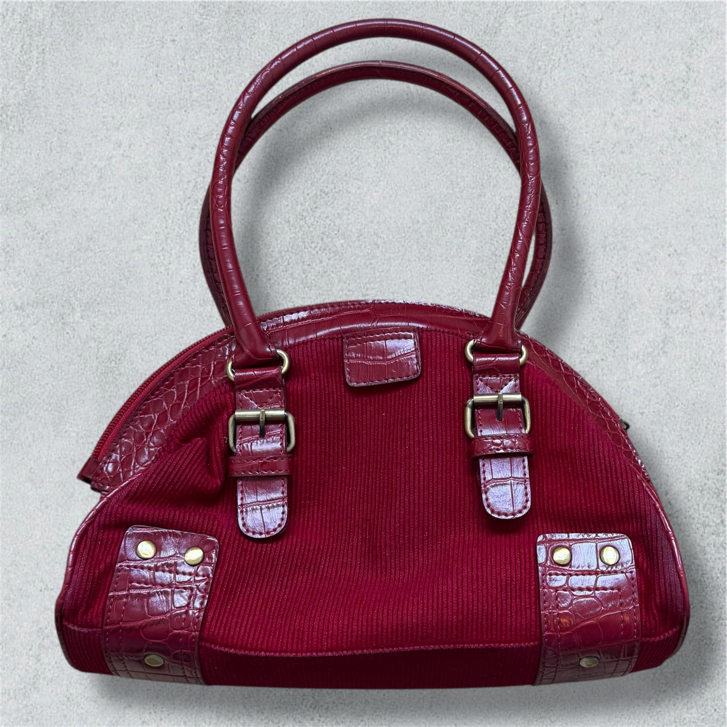 Vintage burgundy bag in ribbed fabric and crocodile-effect leather
