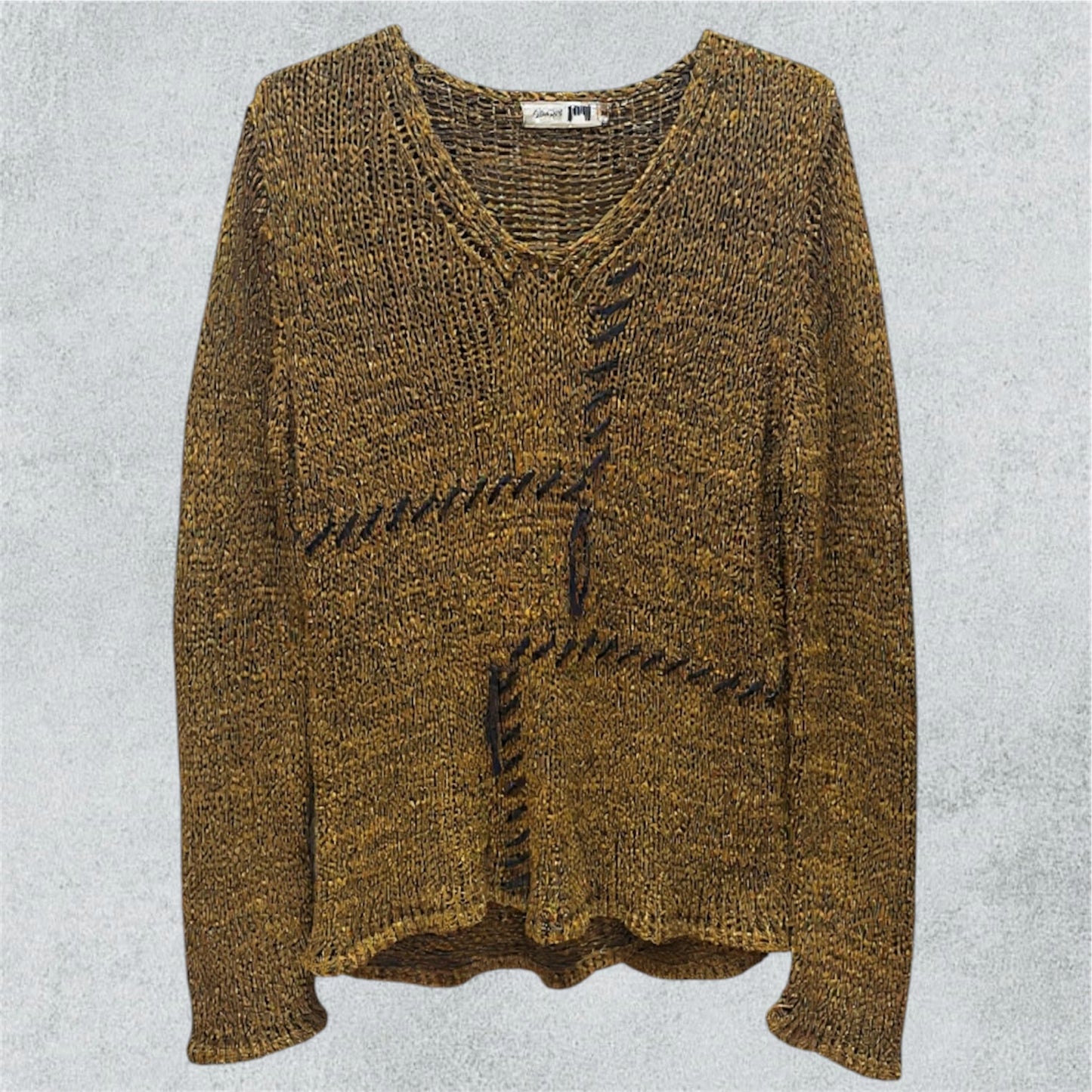Hand-Stitched Textured Knit Sweater in Mustard Brown