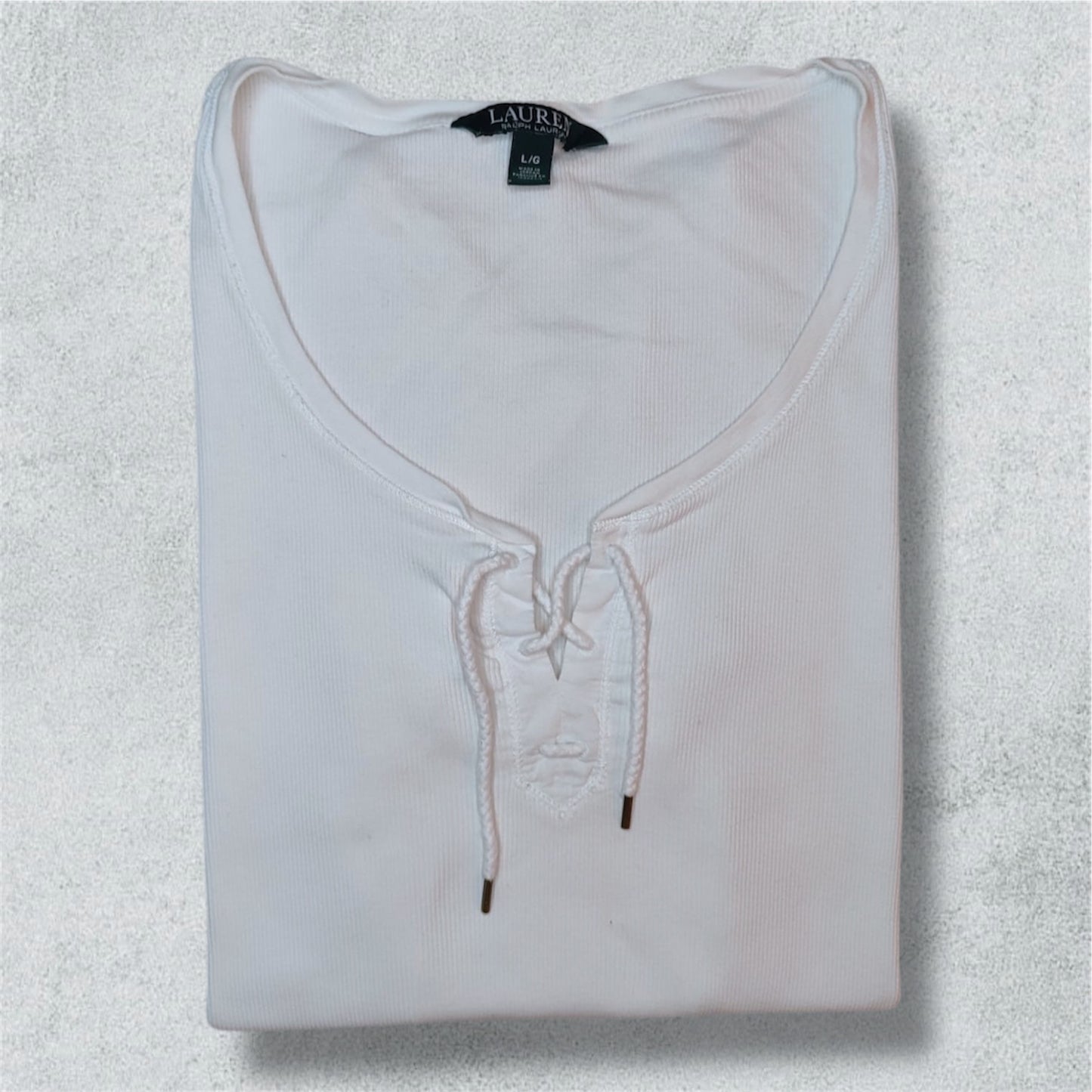 Ralph Lauren White Ribbed Lace Up Short Sleeve Top (L) - NABE vintage