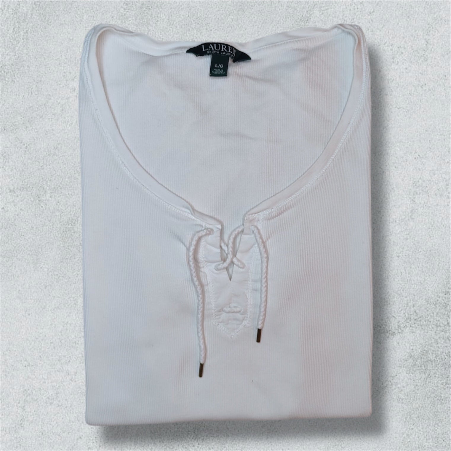Ralph Lauren White Ribbed Lace Up Short Sleeve Top (L) - NABE vintage
