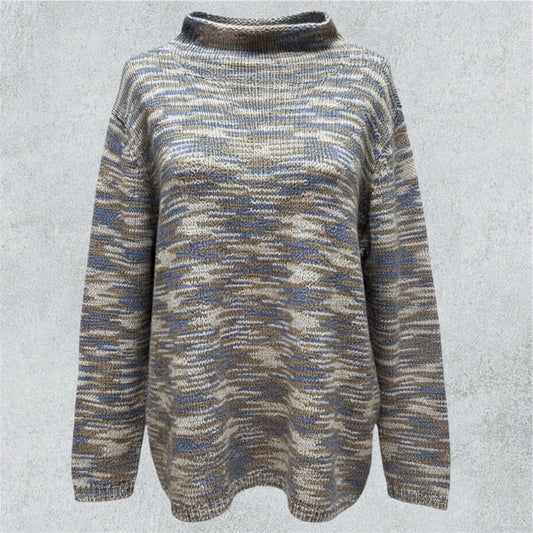 Knitted Sweater with Blue and Beige Camouflage Effect
