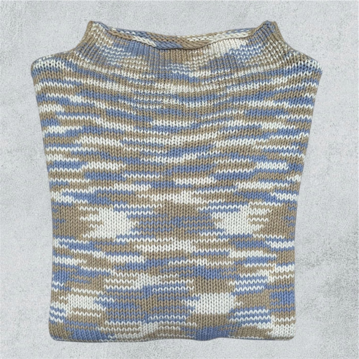 Knitted Sweater with Blue and Beige Camouflage Effect