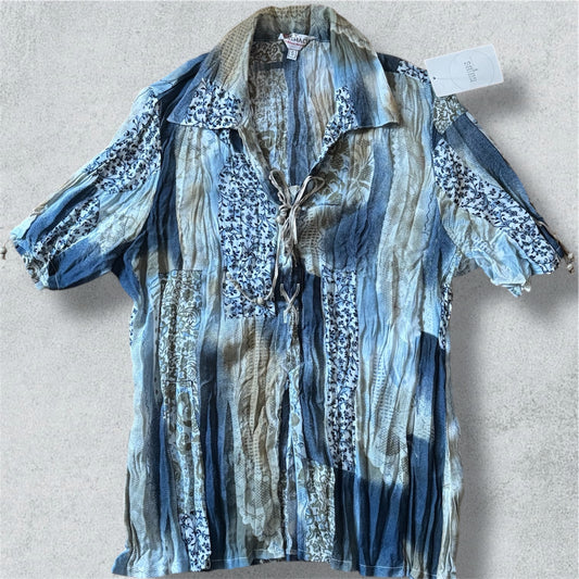 Bohemian Blue Patchwork Lace-Up Shirt