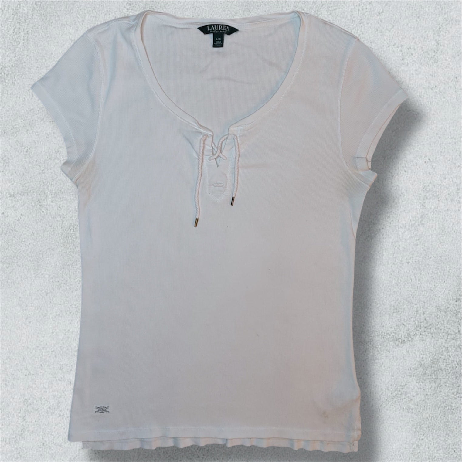 Ralph Lauren White Ribbed Lace Up Short Sleeve Top (L) - NABE vintage
