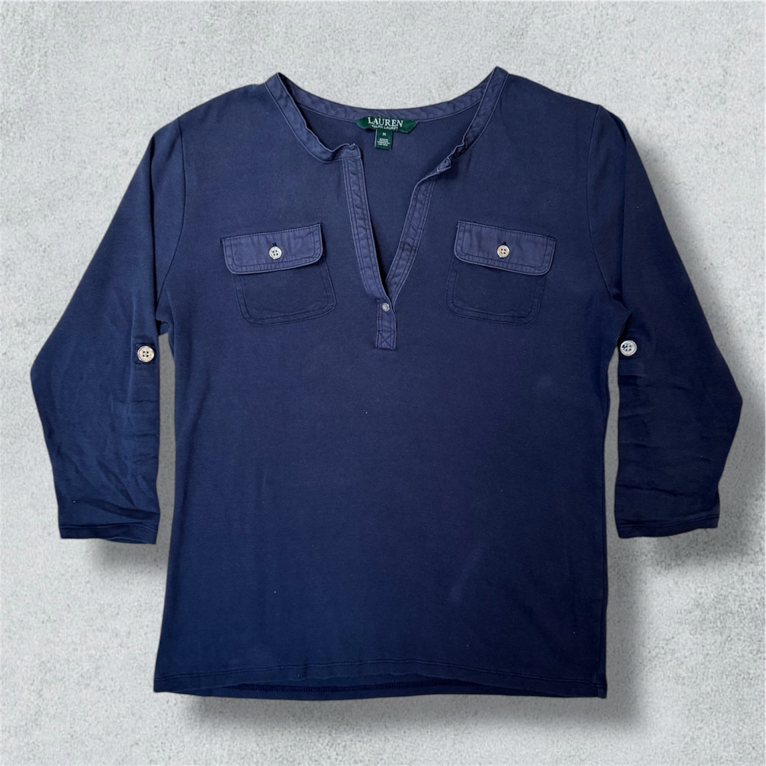 Ralph Lauren Women’s Navy Top Roll Tab Sleeve Button (M) - NABE vintage