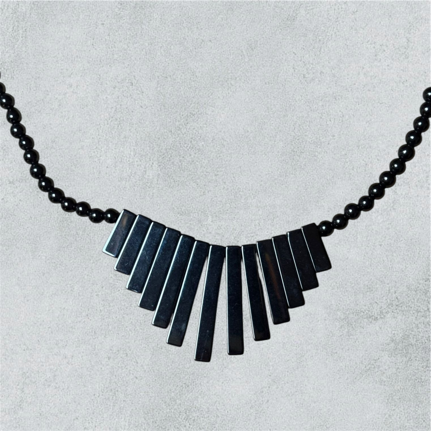 Vintage Hematite Bar Panel Necklace – Boho Steel Gray Style