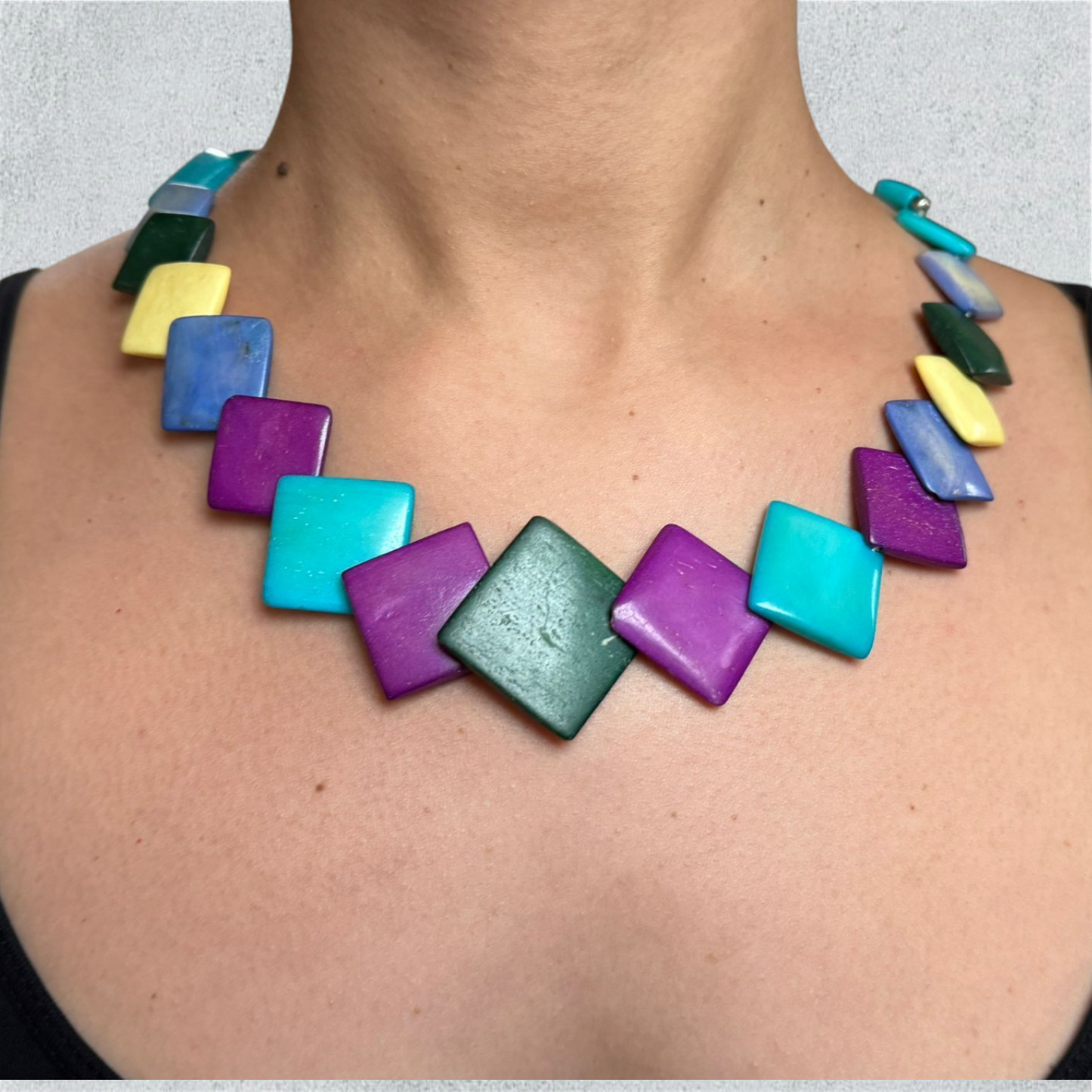 Wooden Necklace With Multicolored Square Beads