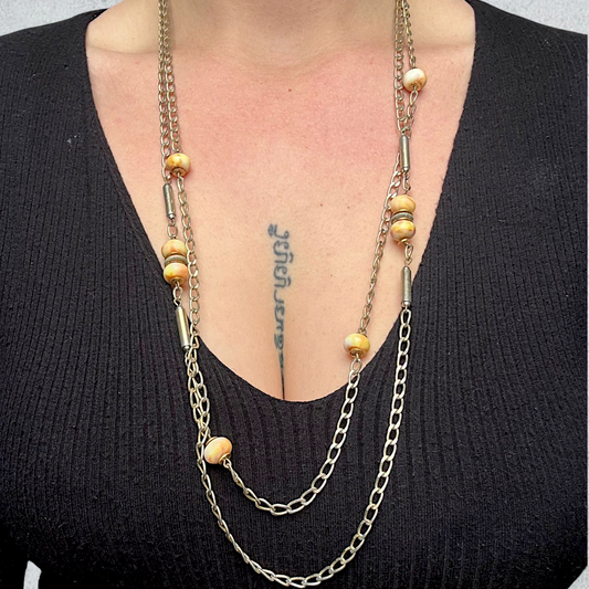 Double Chain Necklace with Natural Wooden Beads