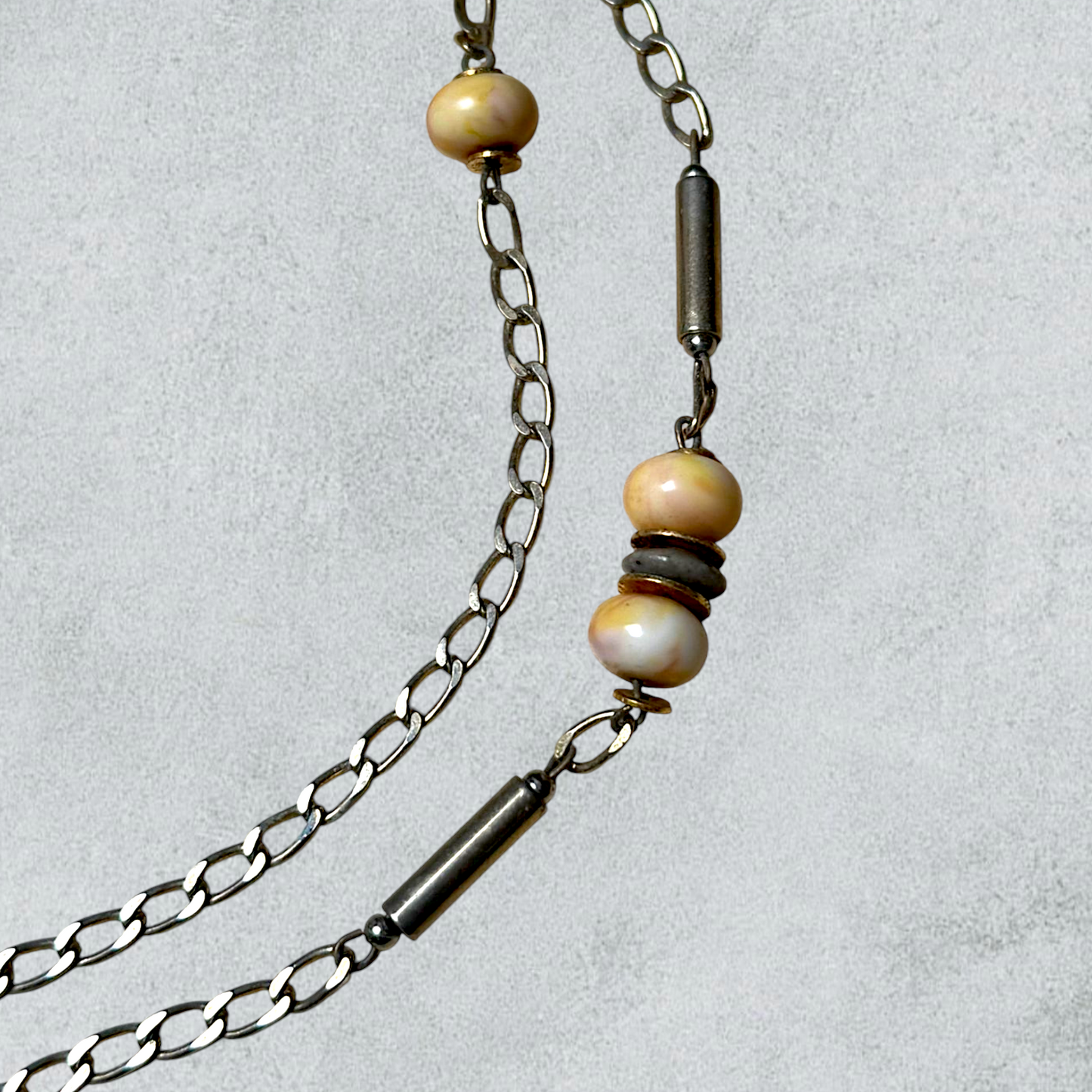 Double Chain Necklace with Natural Wooden Beads