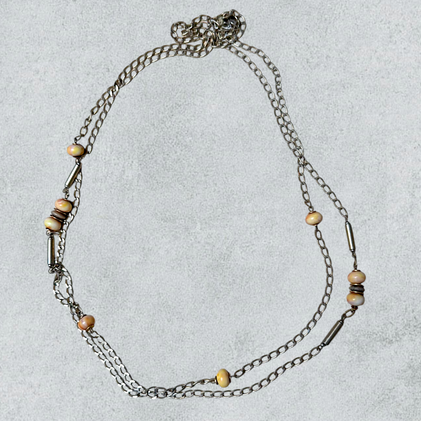 Double Chain Necklace with Natural Wooden Beads