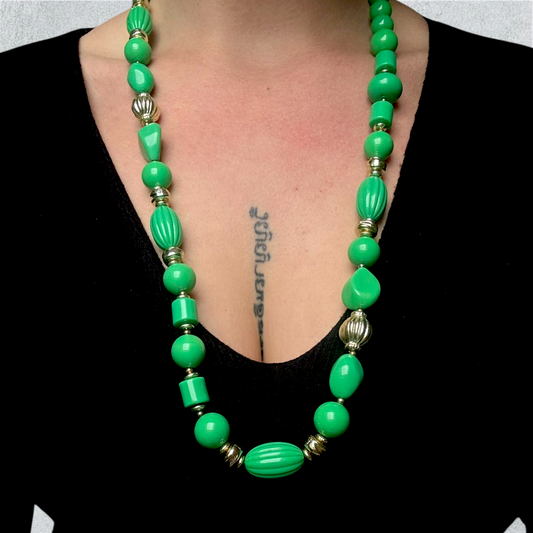 Vintage Green & Gold Tone Spacer Beaded Necklace