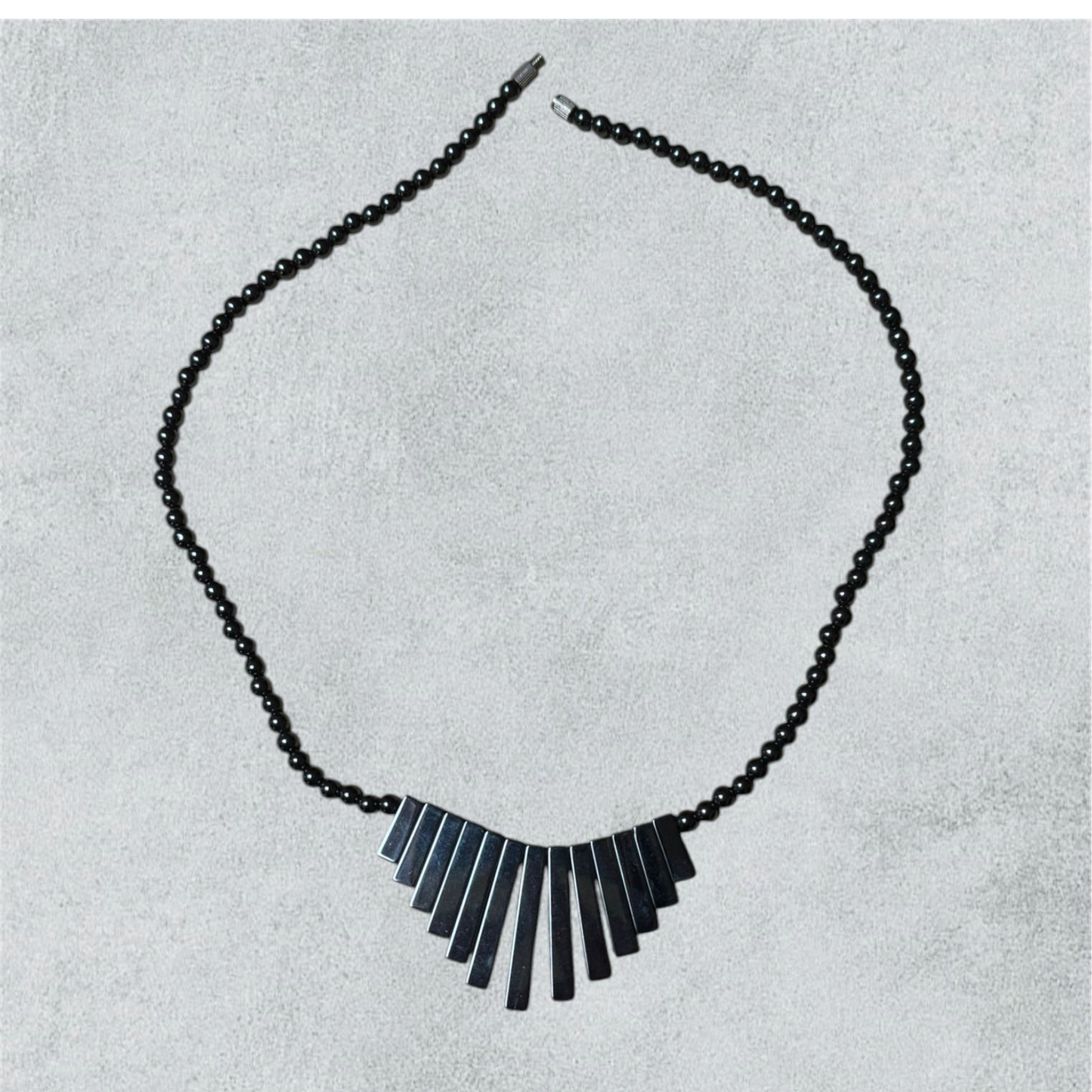 Vintage Hematite Bar Panel Necklace – Boho Steel Gray Style