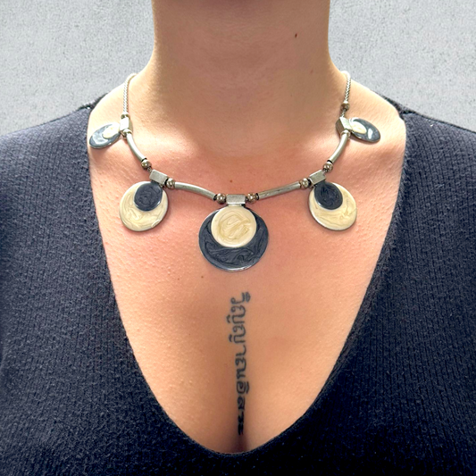 Artistic Necklace with Blue & White Circular Pendants