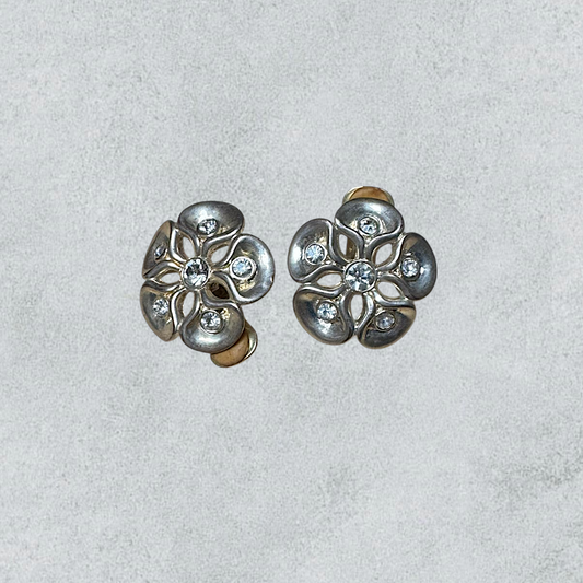 Vintage Silver Flower Earrings With Clear Crystals