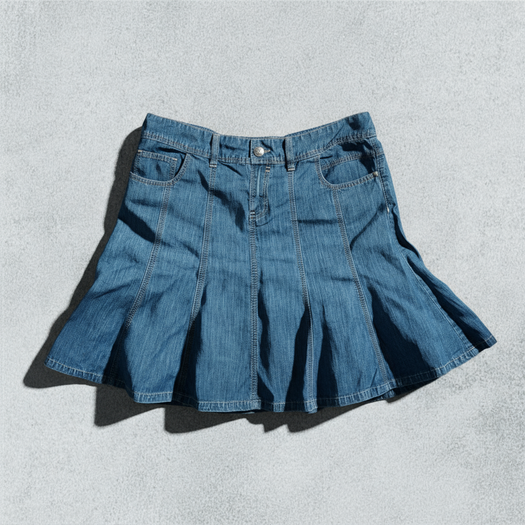 Pleated Flared Denim Skirt