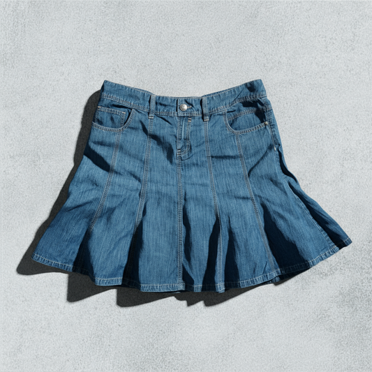 Pleated Flared Denim Skirt