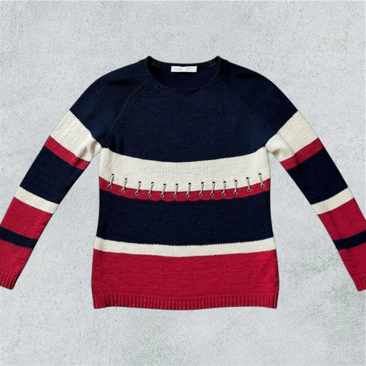 Striped Crew-Neck Sweater With Decorative Front Detailing