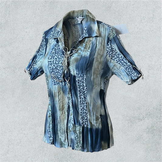 Bohemian Blue Patchwork Lace-Up Shirt