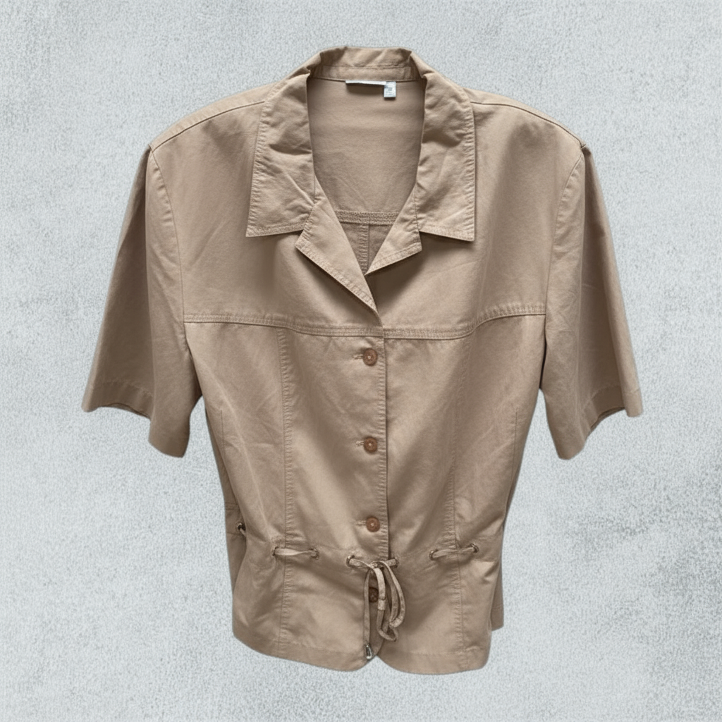 Beige Short-Sleeve V-Neck Belted Shirt