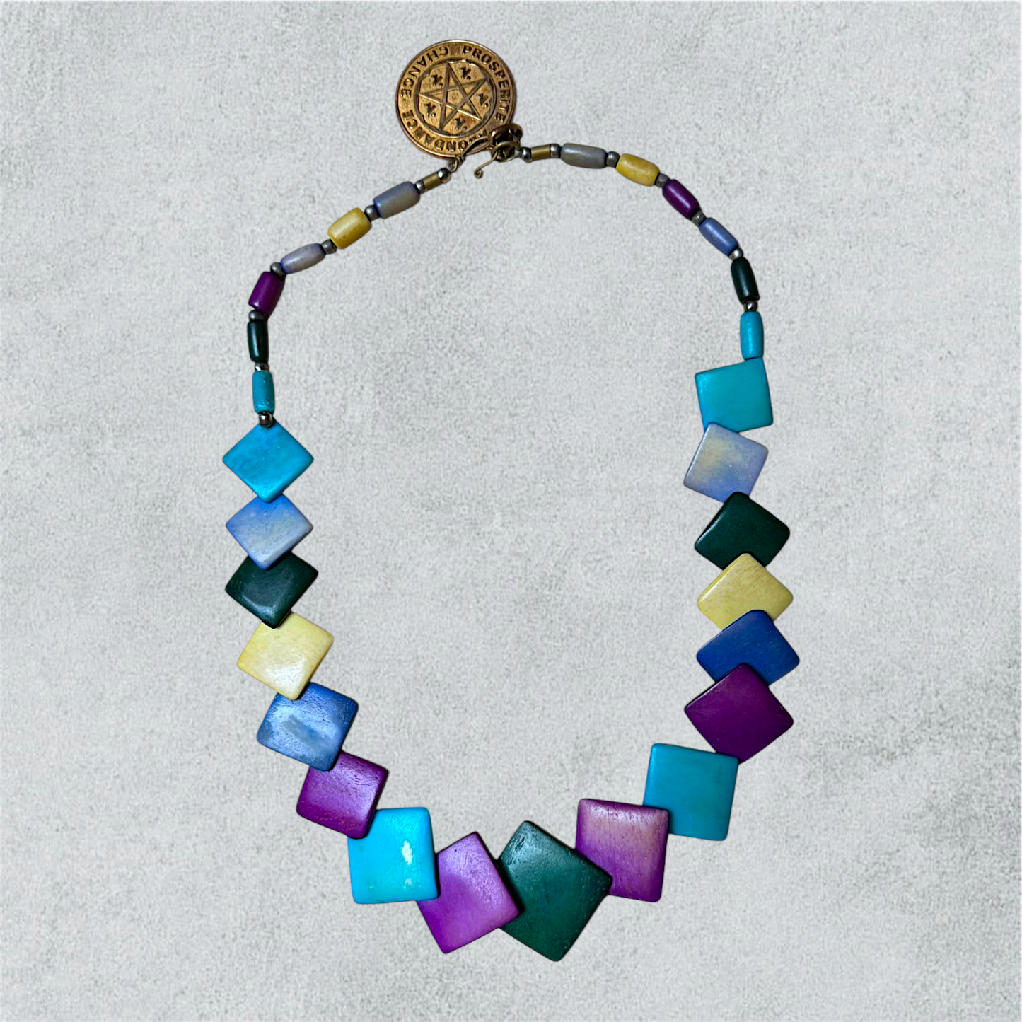 Wooden Necklace With Multicolored Square Beads