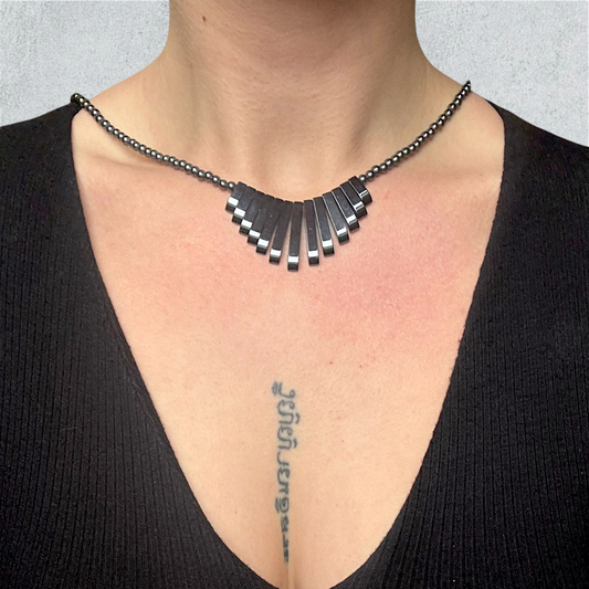 Vintage Hematite Bar Panel Necklace – Boho Steel Gray Style