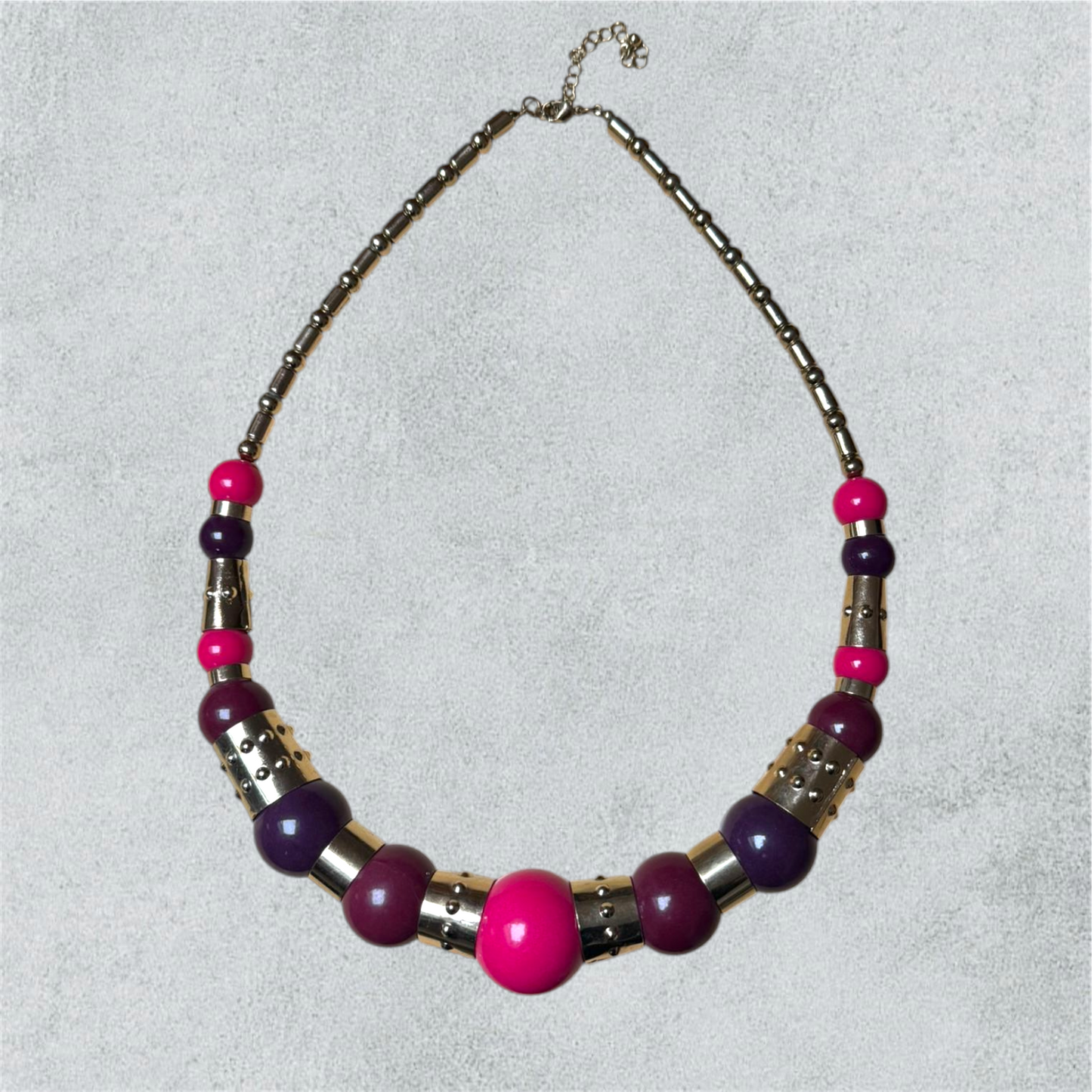 Chunky Purple Pink And Gold Tone Necklace