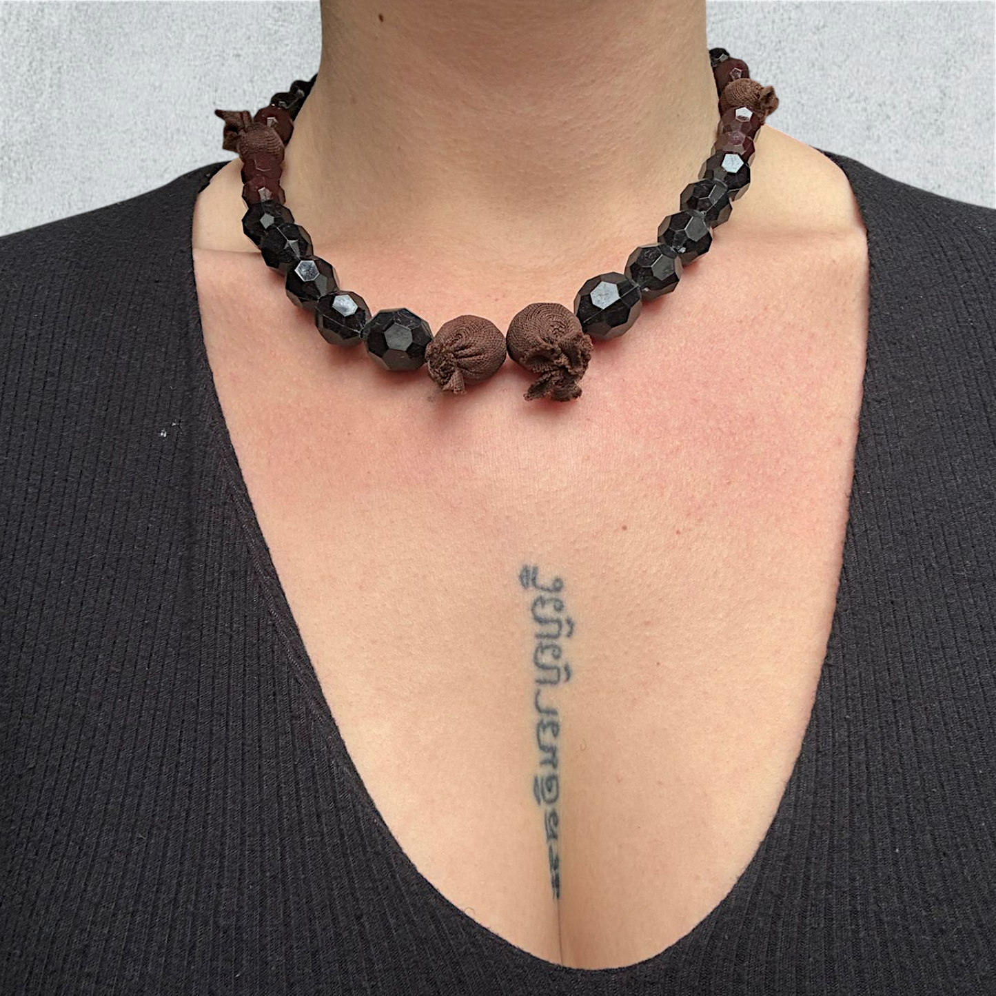 Brown Fabric Necklace with Faceted Black Beads