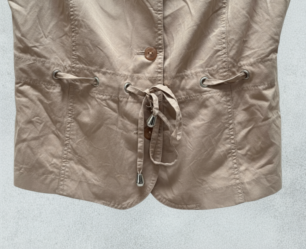 Beige Short-Sleeve V-Neck Belted Shirt