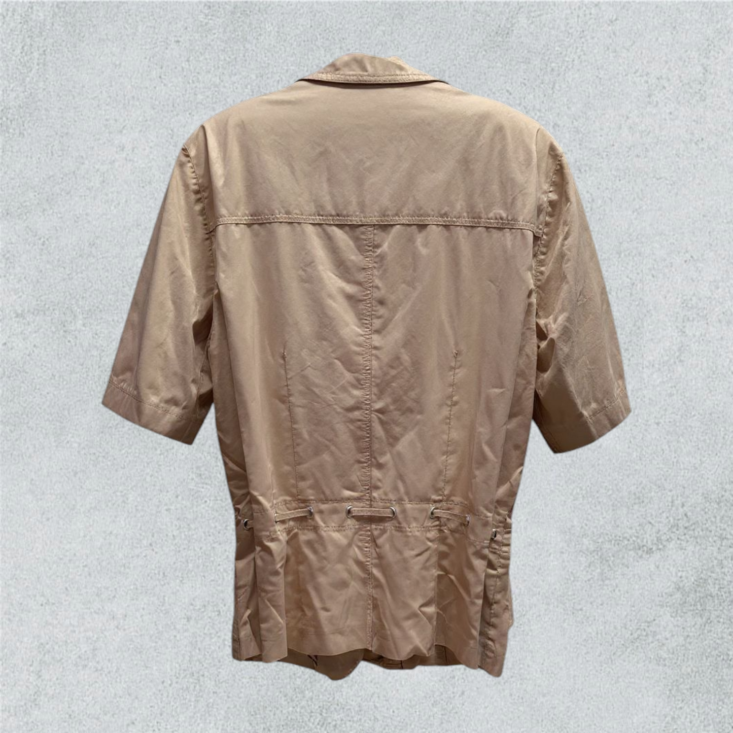 Beige Short-Sleeve V-Neck Belted Shirt