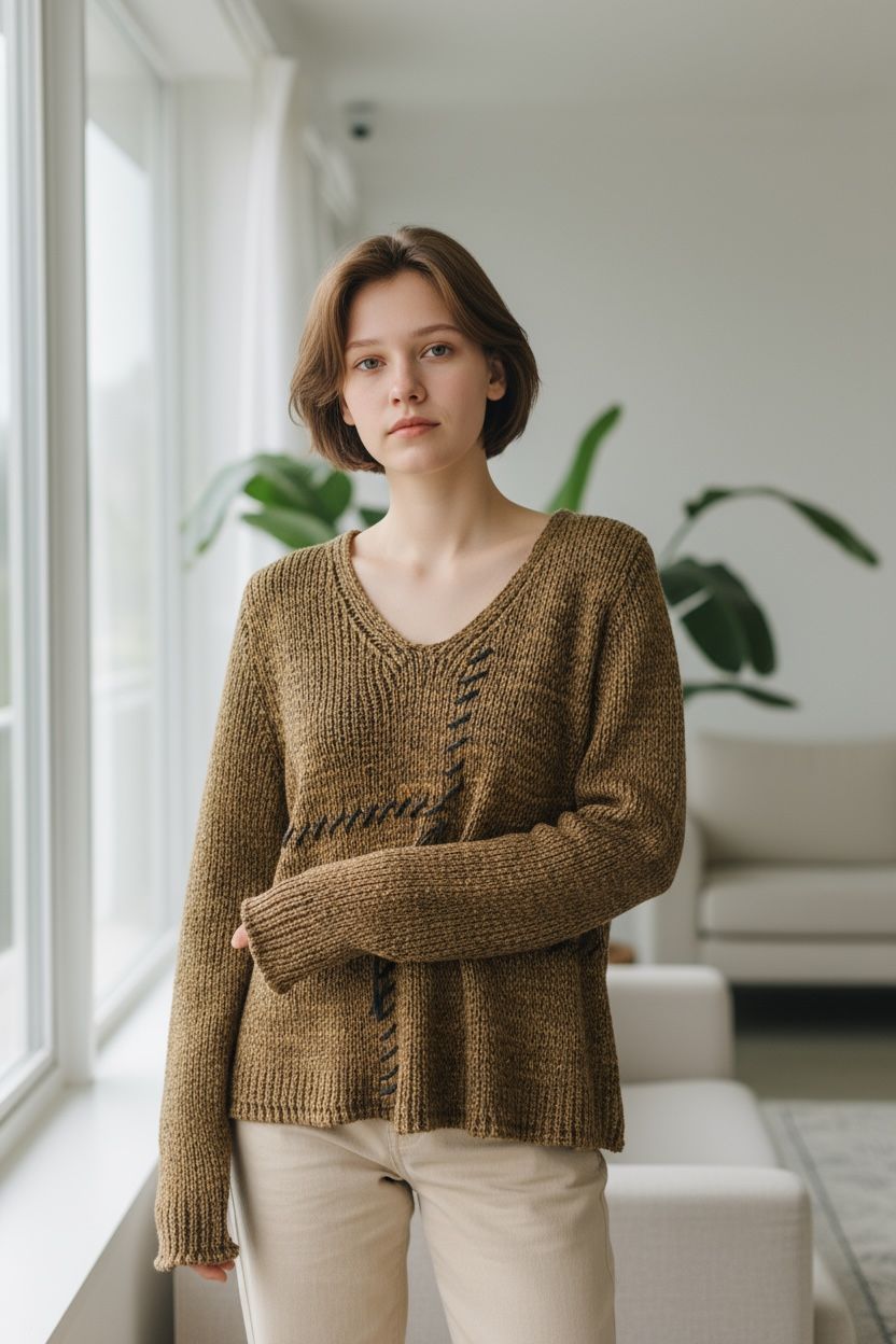 Hand-Stitched Textured Knit Sweater in Mustard Brown