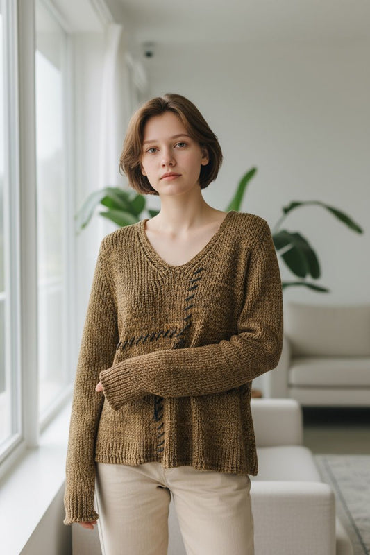 Hand-Stitched Textured Knit Sweater in Mustard Brown