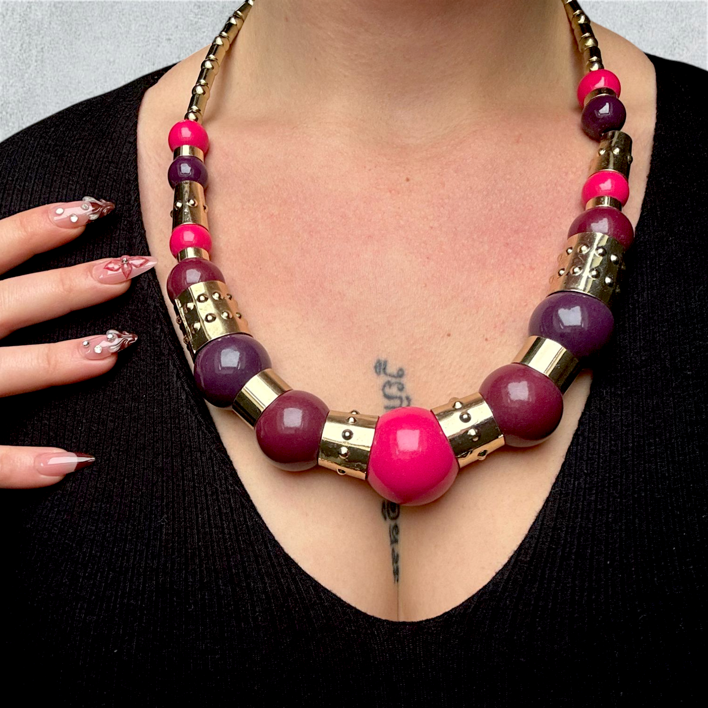 Chunky Purple Pink And Gold Tone Necklace